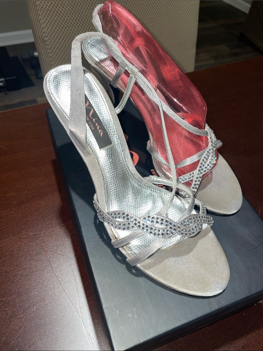 Nina New York Silver Crystal-Accent Slingback Heels